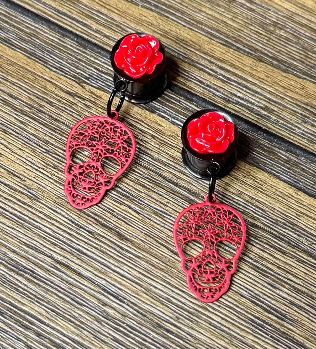 Red Skull with Roses Dangle Ear Tunnels