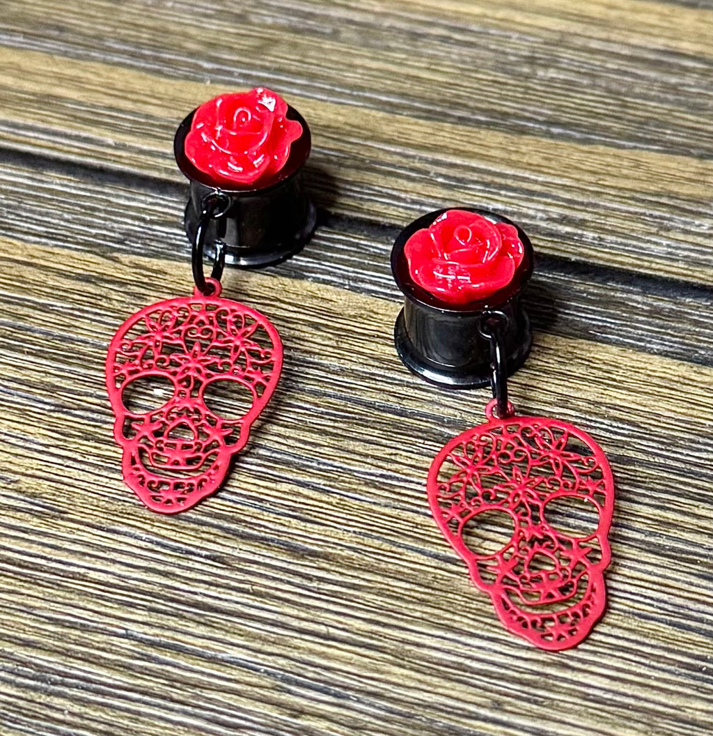 Red Skull with Roses Dangle Ear Tunnels