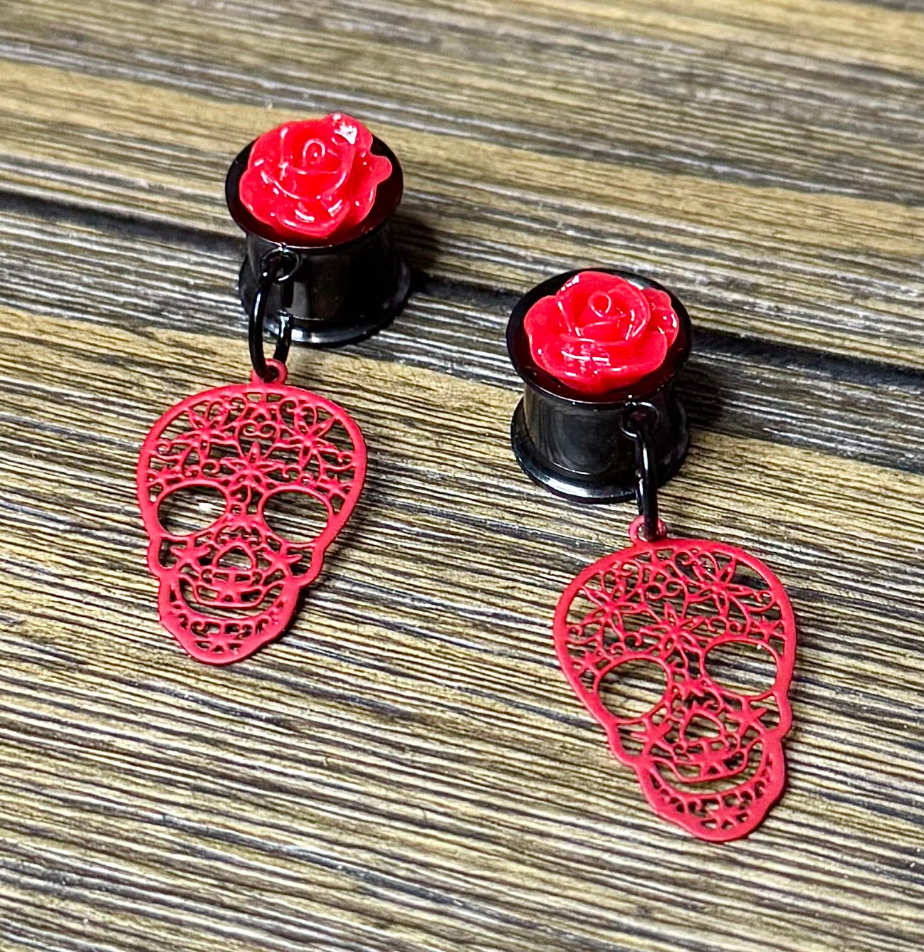 Red Skull with Roses Dangle Ear Tunnels