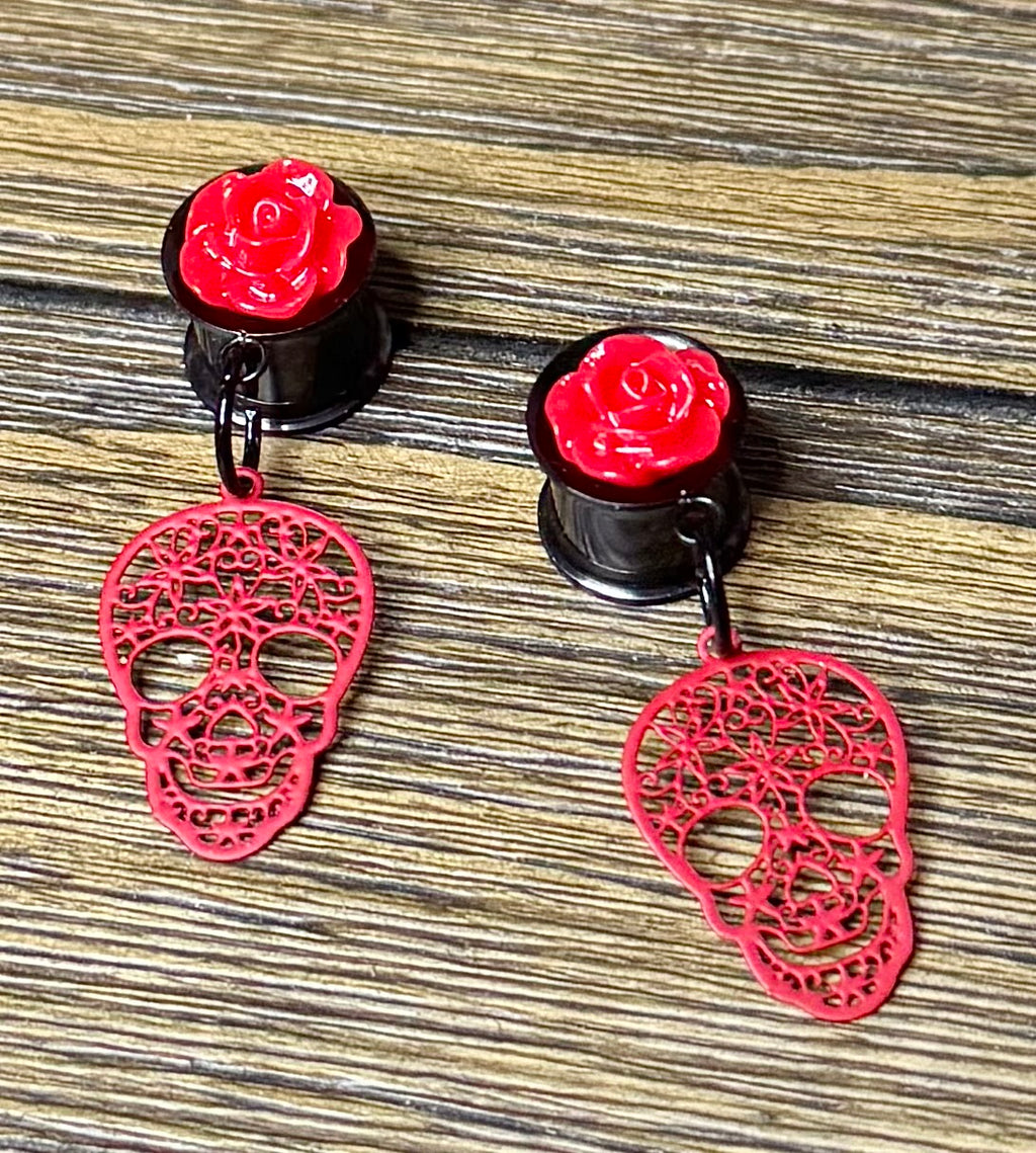 Red Skull with Roses Dangle Ear Tunnels