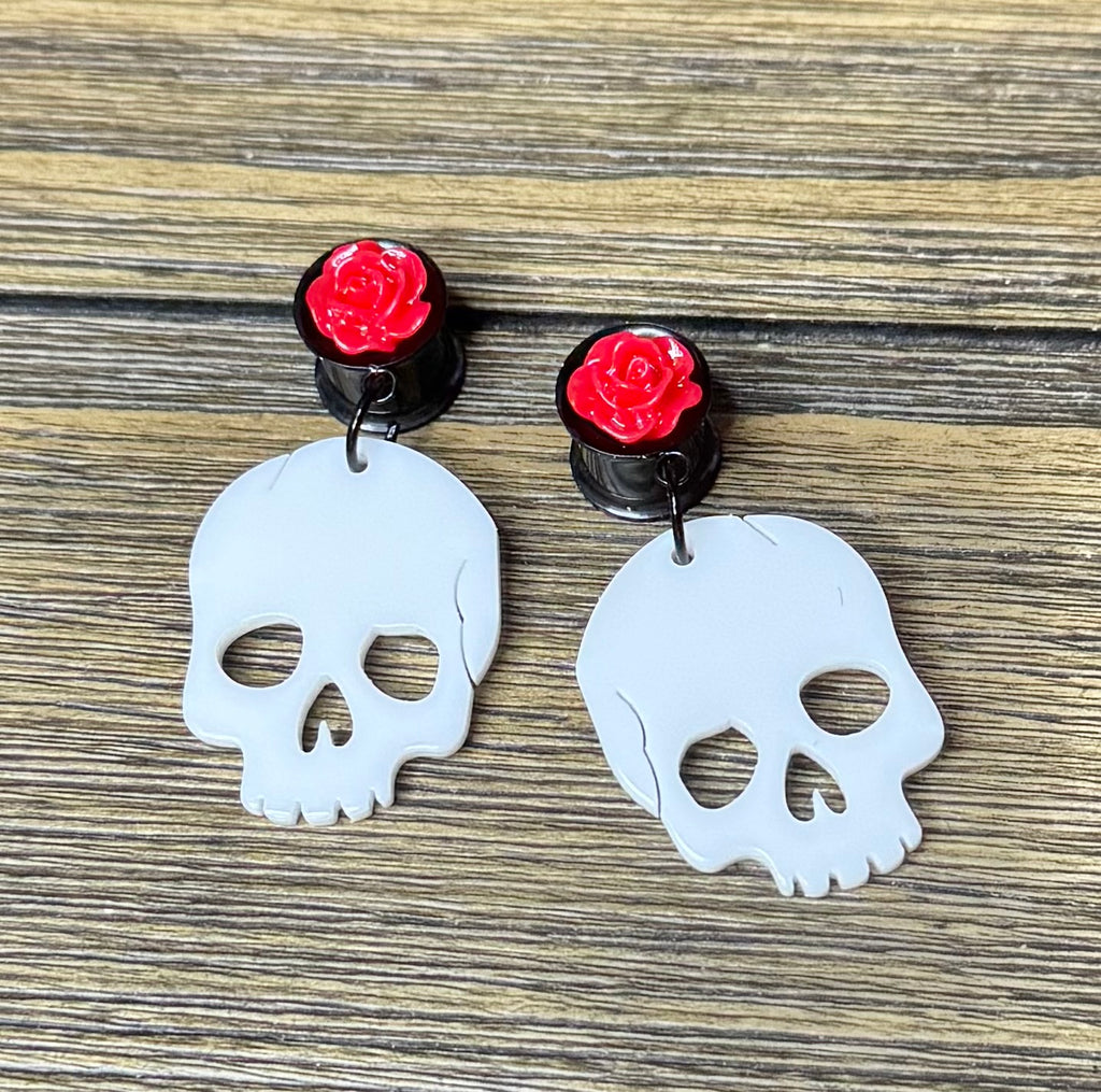 White Skull with Red Rose Dangle Ear Tunnels