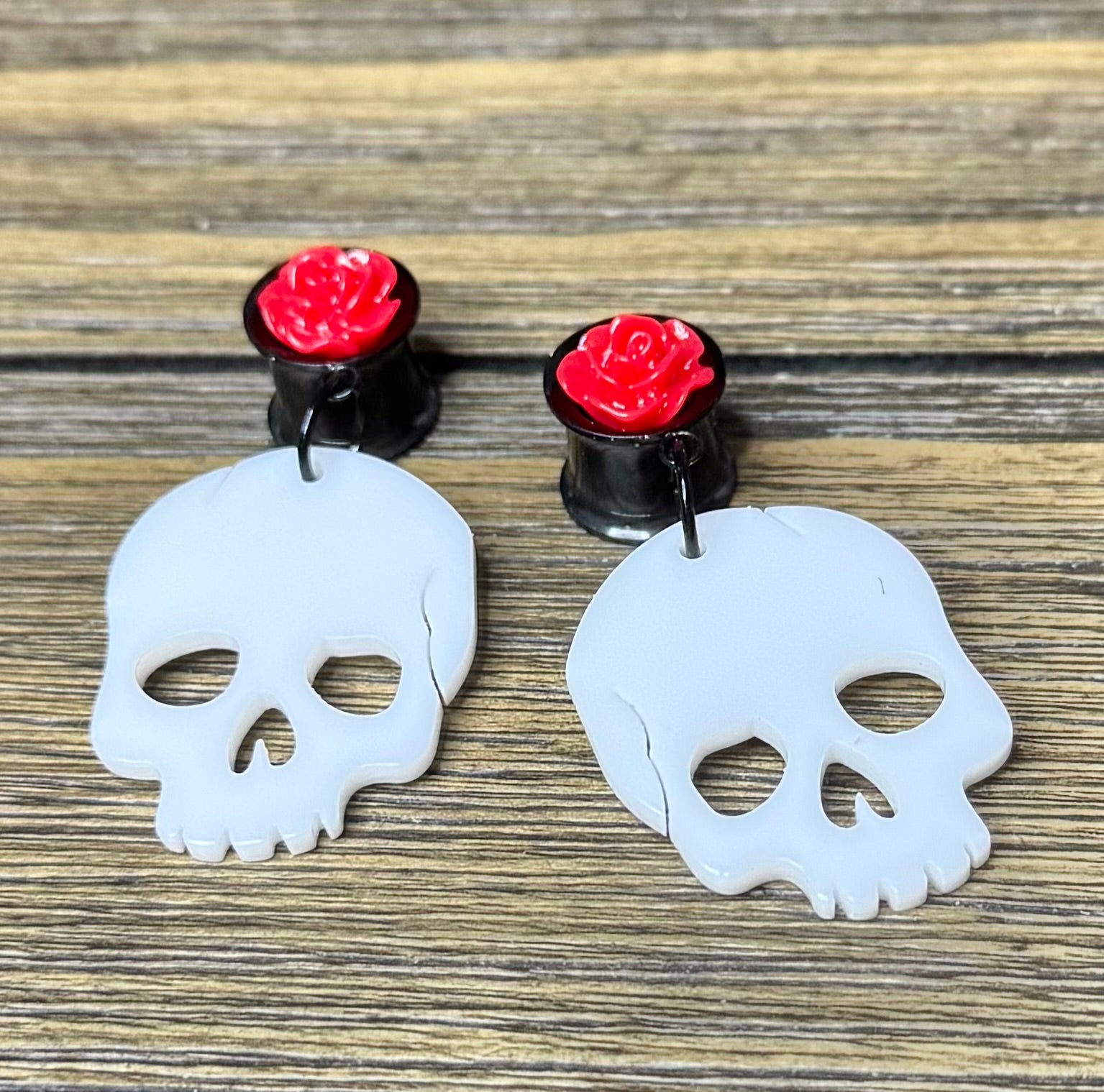 White Skull with Red Rose Dangle Ear Tunnels