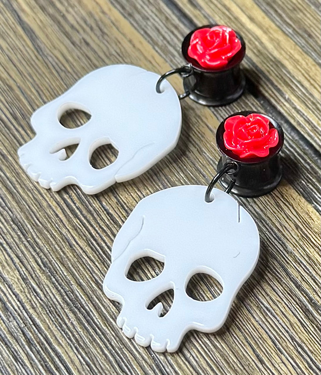 White Skull with Red Rose Dangle Ear Tunnels
