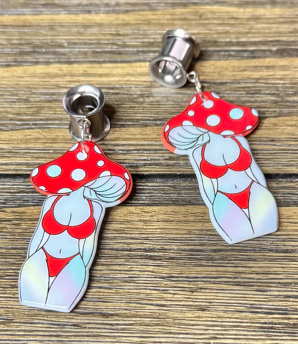 Mushroom Girl in Bikini Dangle Ear Tunnels