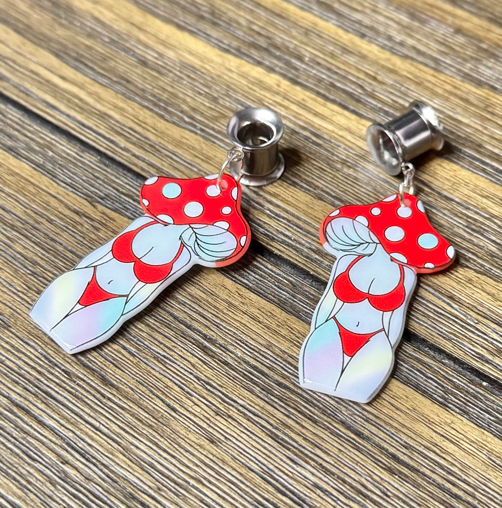 Mushroom Girl in Bikini Dangle Ear Tunnels