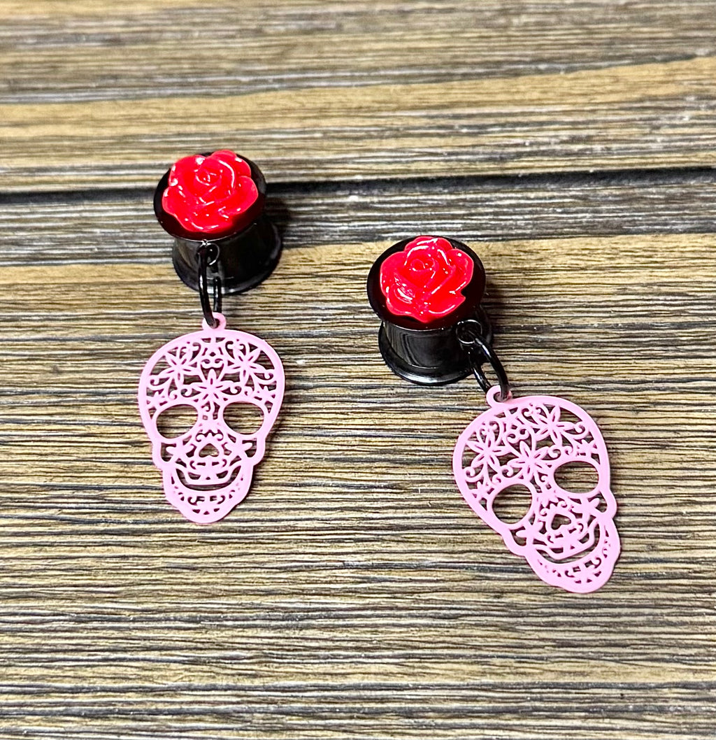 Pink Skull with Roses Dangle Ear Tunnels