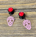 Pink Skull with Roses Dangle Ear Tunnels