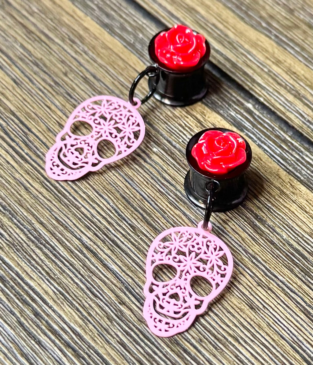 Pink Skull with Roses Dangle Ear Tunnels