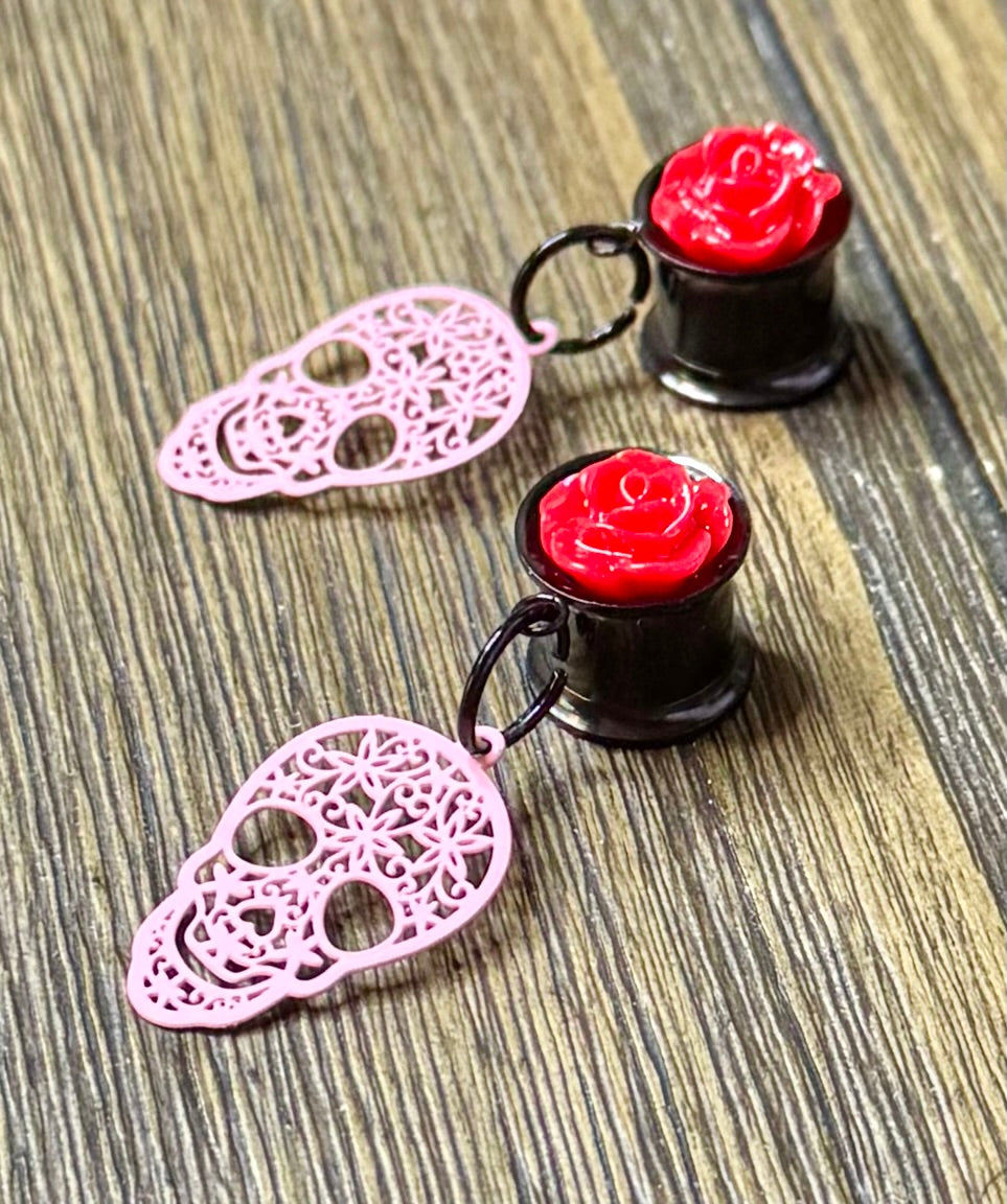 Pink Skull with Roses Dangle Ear Tunnels