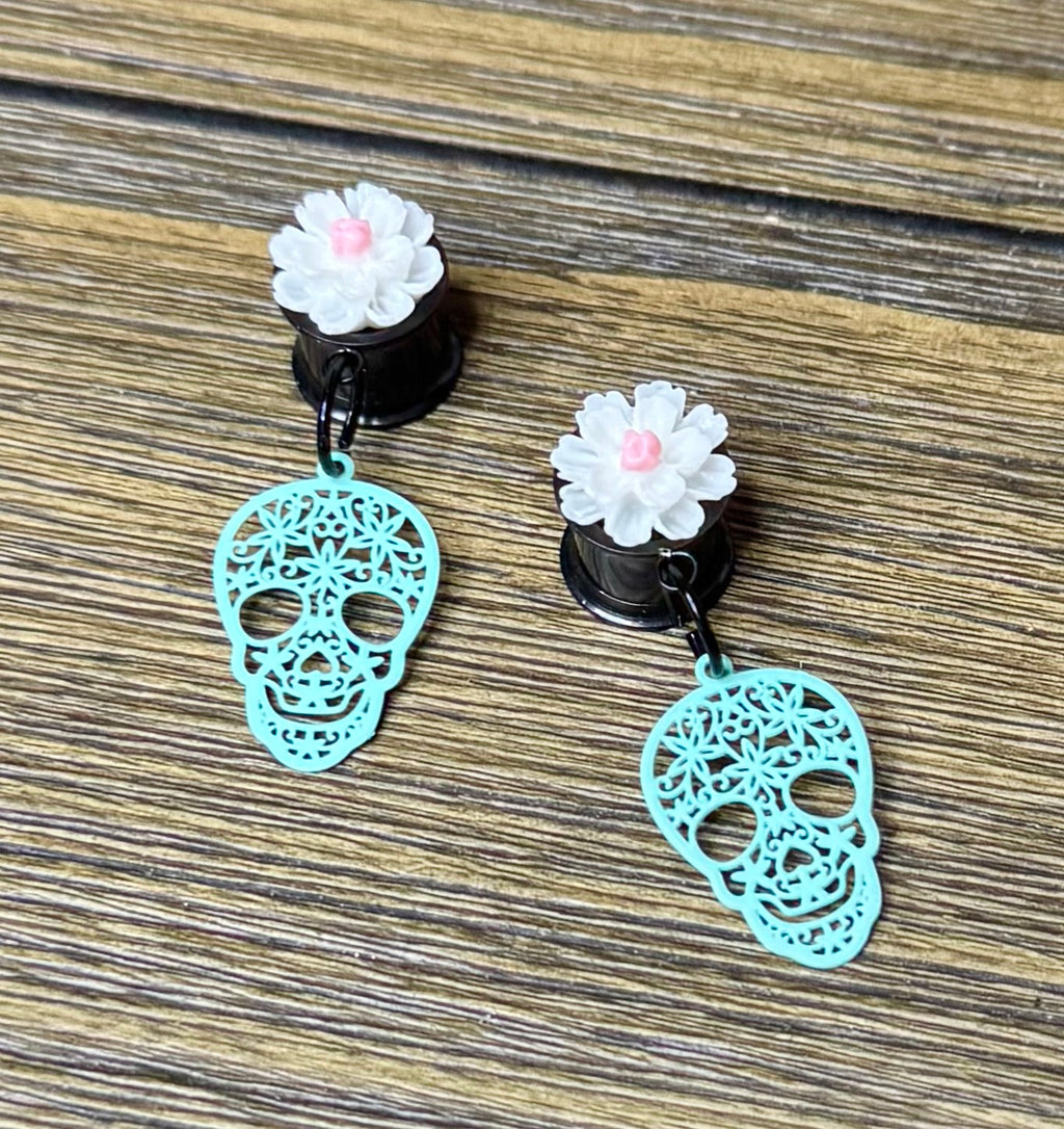 Teal Skull with Flowers Dangle Ear Tunnels