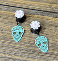 Teal Skull with Flowers Dangle Ear Tunnels