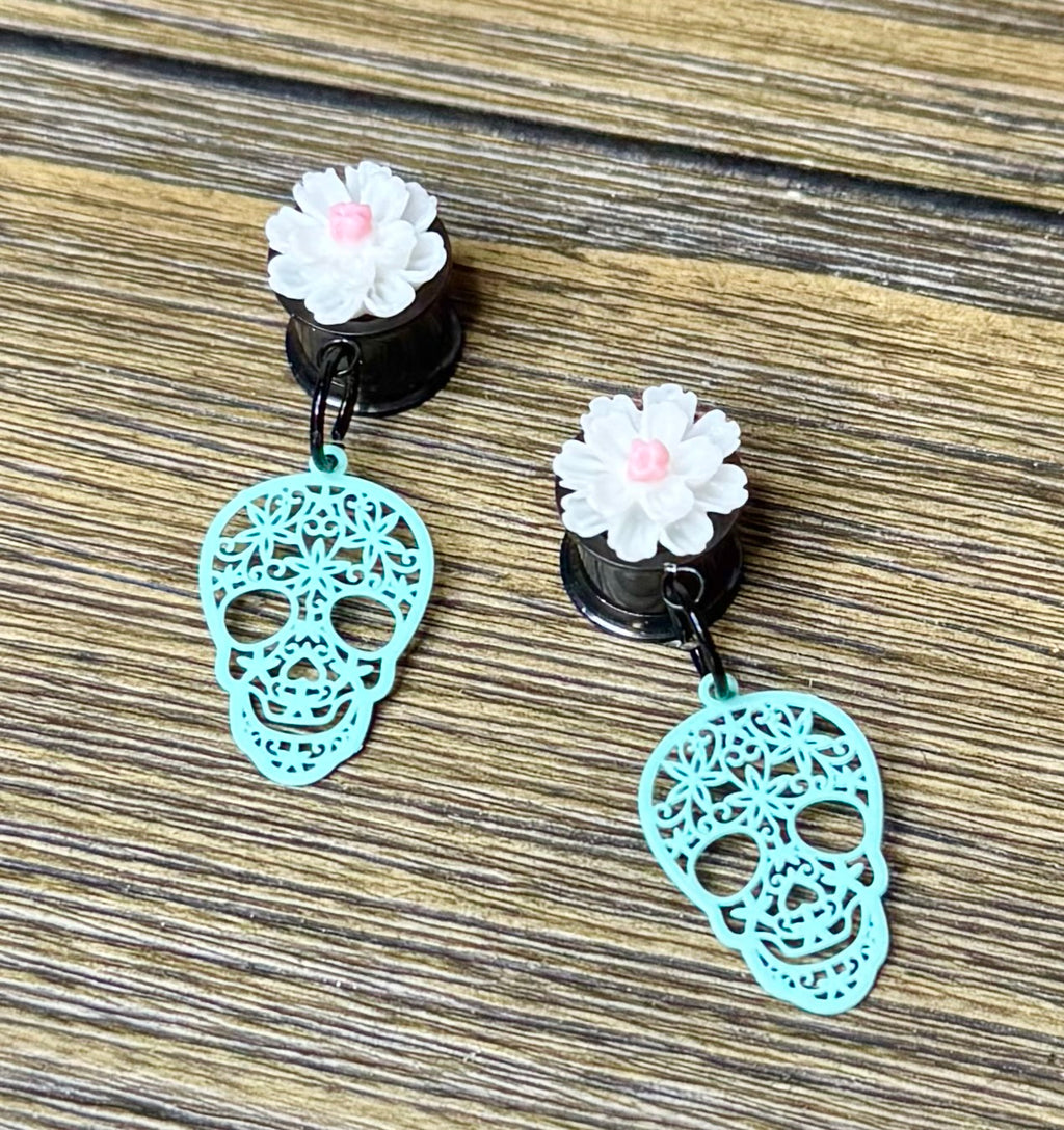 Teal Skull with Flowers Dangle Ear Tunnels
