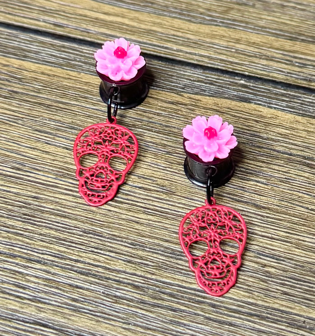 Red Skull with Flowers Dangle Ear Tunnels