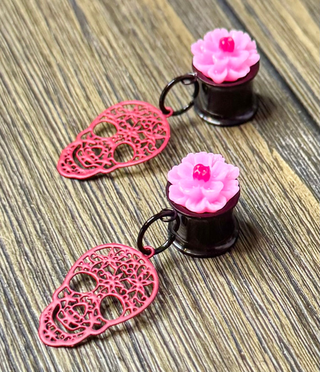 Red Skull with Flowers Dangle Ear Tunnels