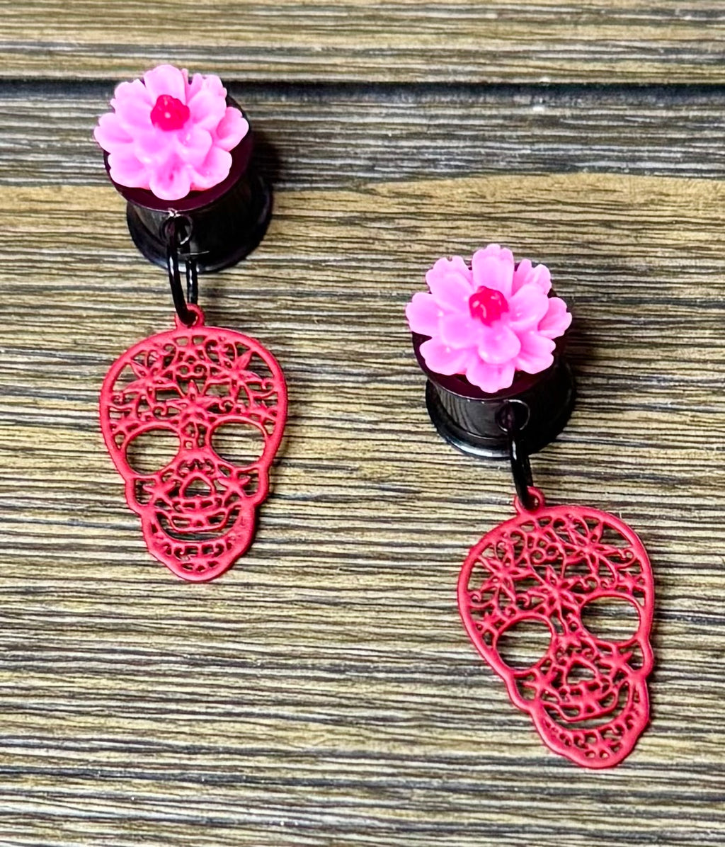 Red Skull with Flowers Dangle Ear Tunnels