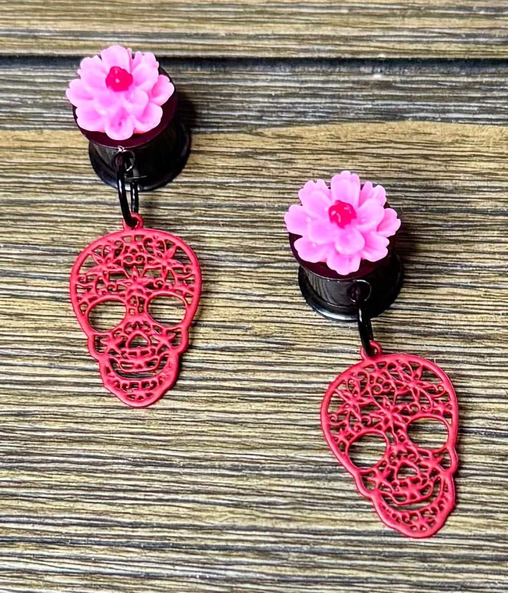 Red Skull with Flowers Dangle Ear Tunnels