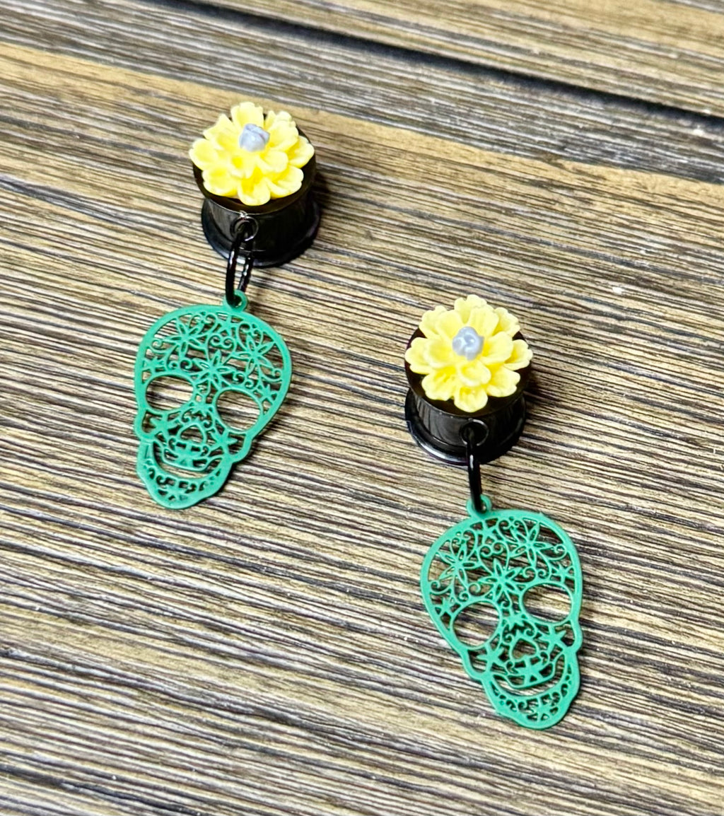 Green Skull with Flowers Dangle Ear Tunnels