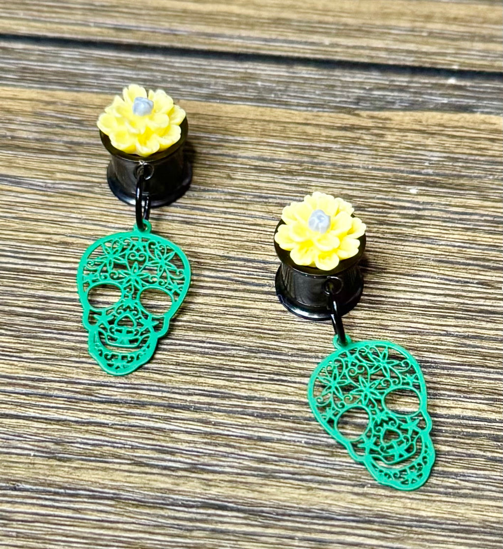 Green Skull with Flowers Dangle Ear Tunnels