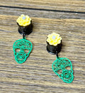 Green Skull with Flowers Dangle Ear Tunnels
