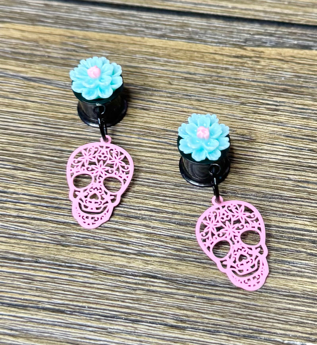 Pink Skull with Flowers Dangle Ear Tunnels