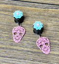 Pink Skull with Flowers Dangle Ear Tunnels
