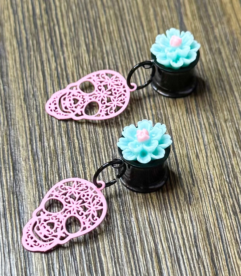 Pink Skull with Flowers Dangle Ear Tunnels