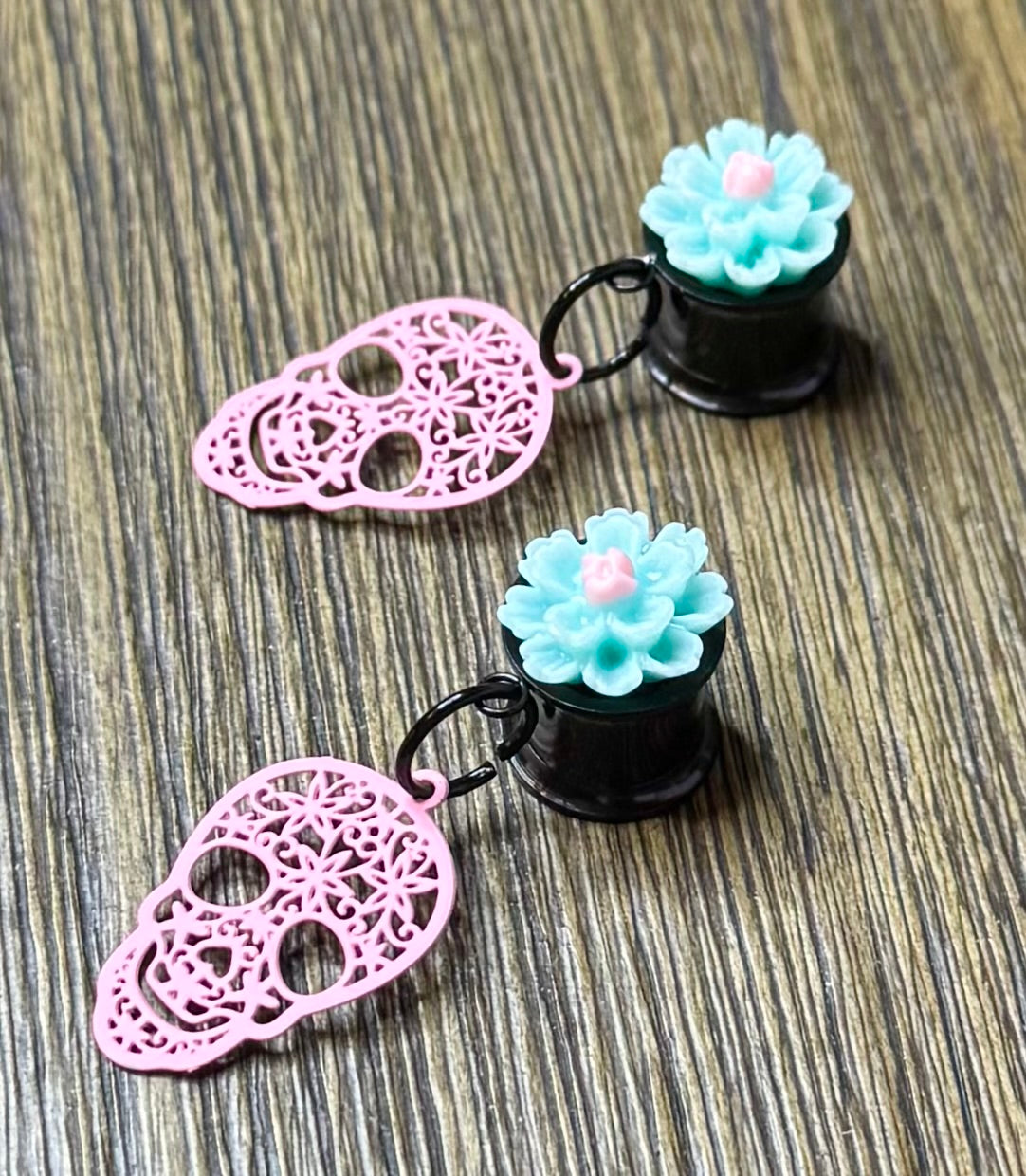 Pink Skull with Flowers Dangle Ear Tunnels