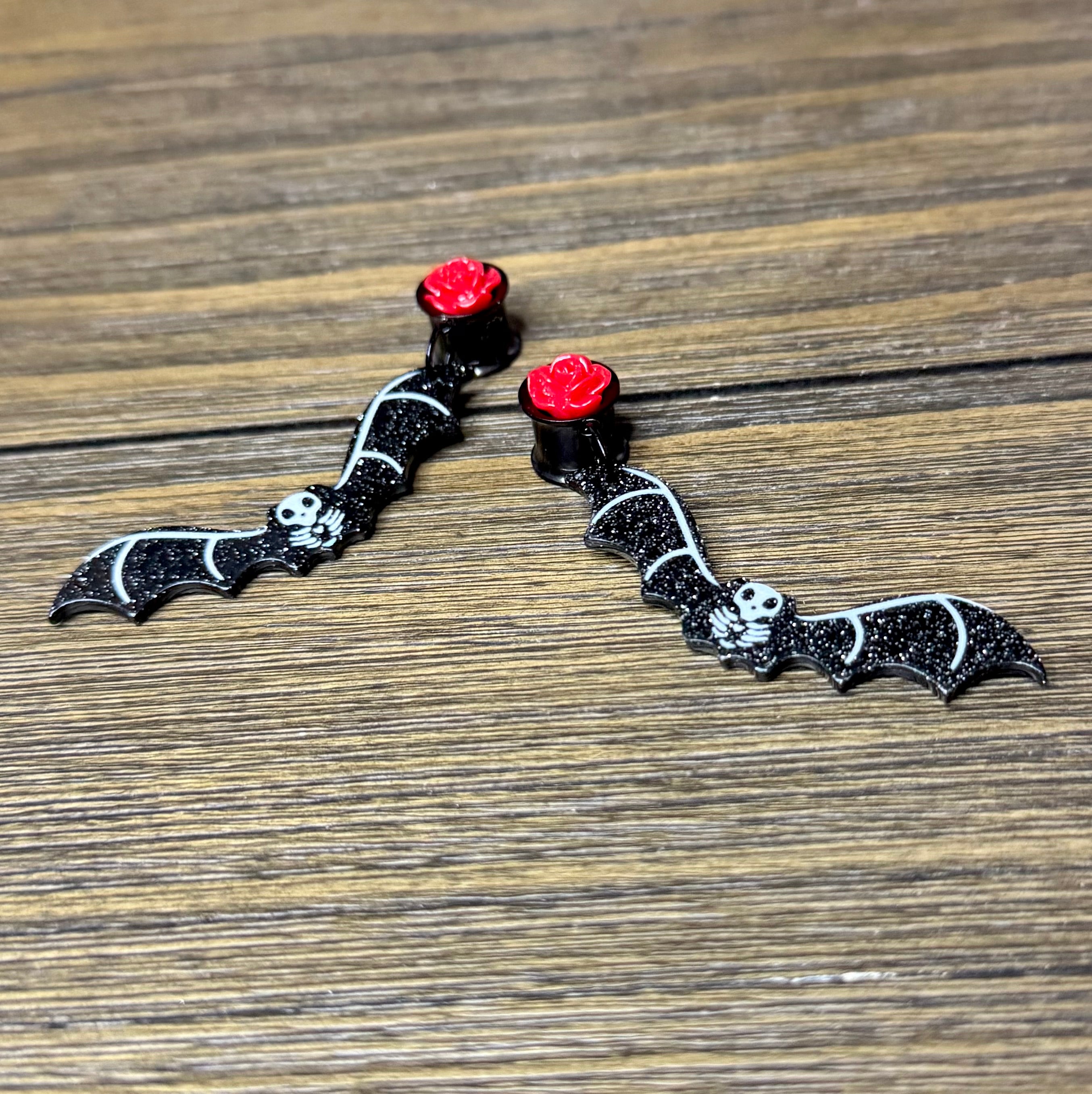Black Glitter Bat with Red Roses Dangle Ear Tunnels