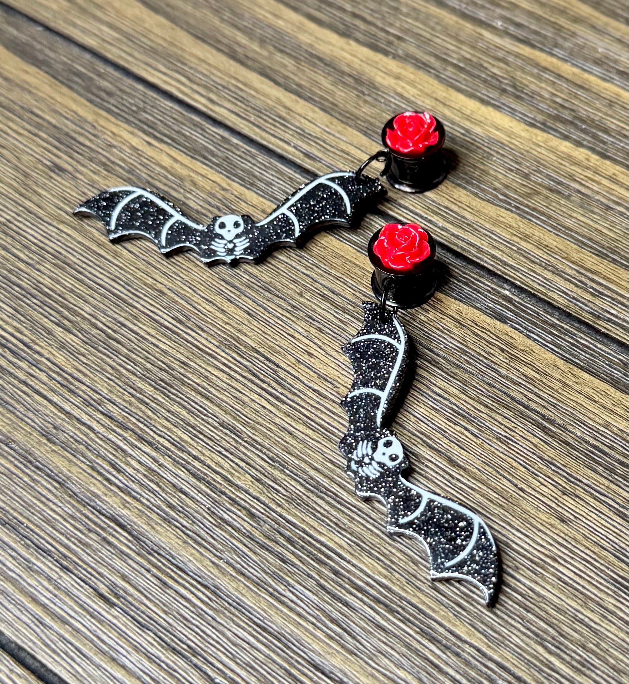 Black Glitter Bat with Red Roses Dangle Ear Tunnels
