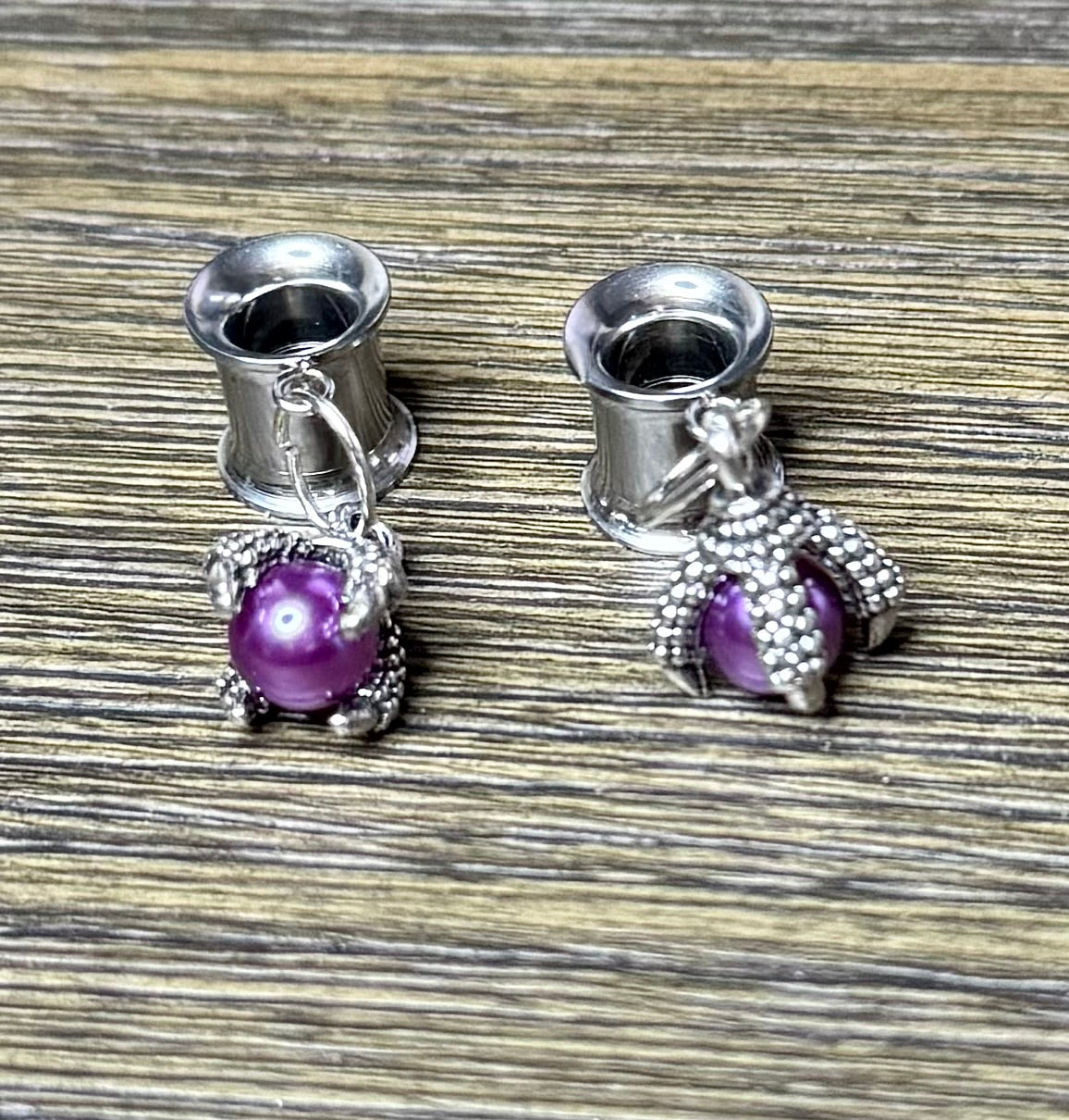 Dragon Foot Purple Pearl Dangle Ear Tunnels