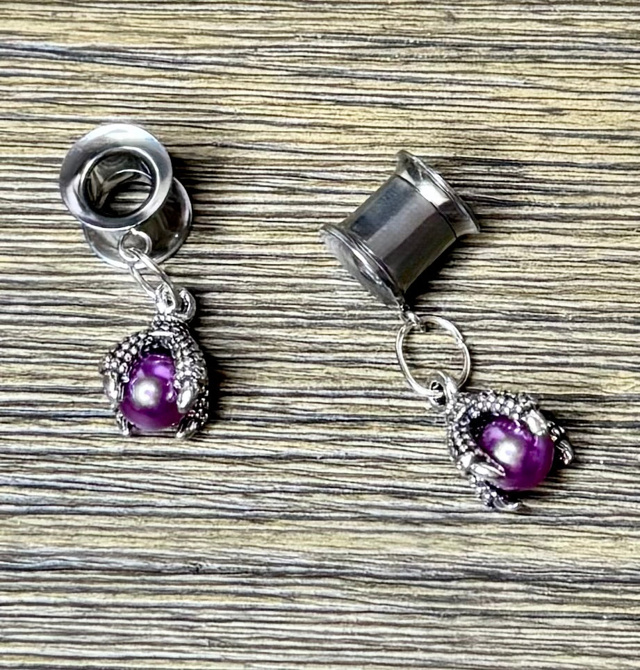 Dragon Foot Purple Pearl Dangle Ear Tunnels