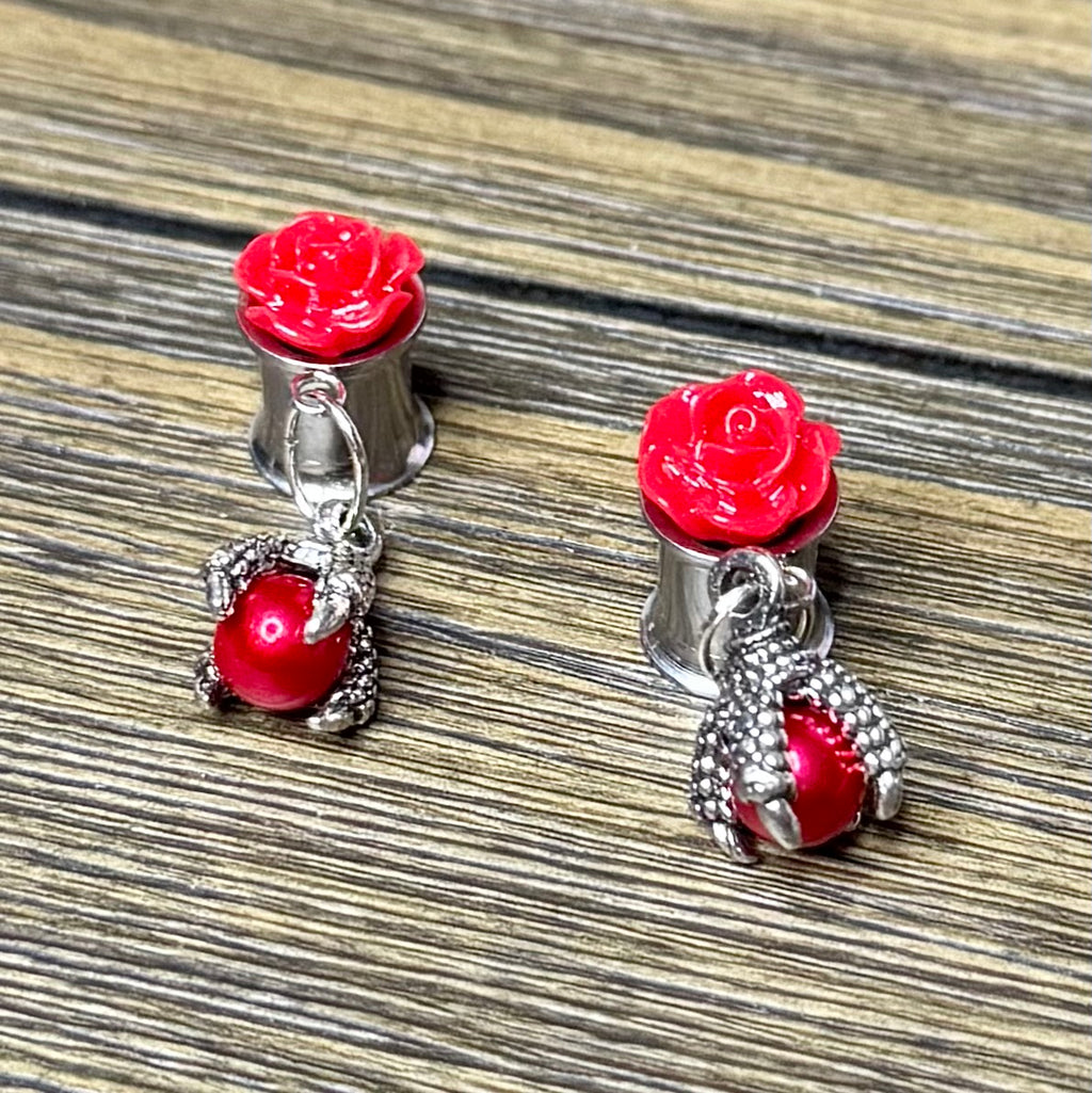 Dragon Foot Red Pearl Dangle Ear Tunnels