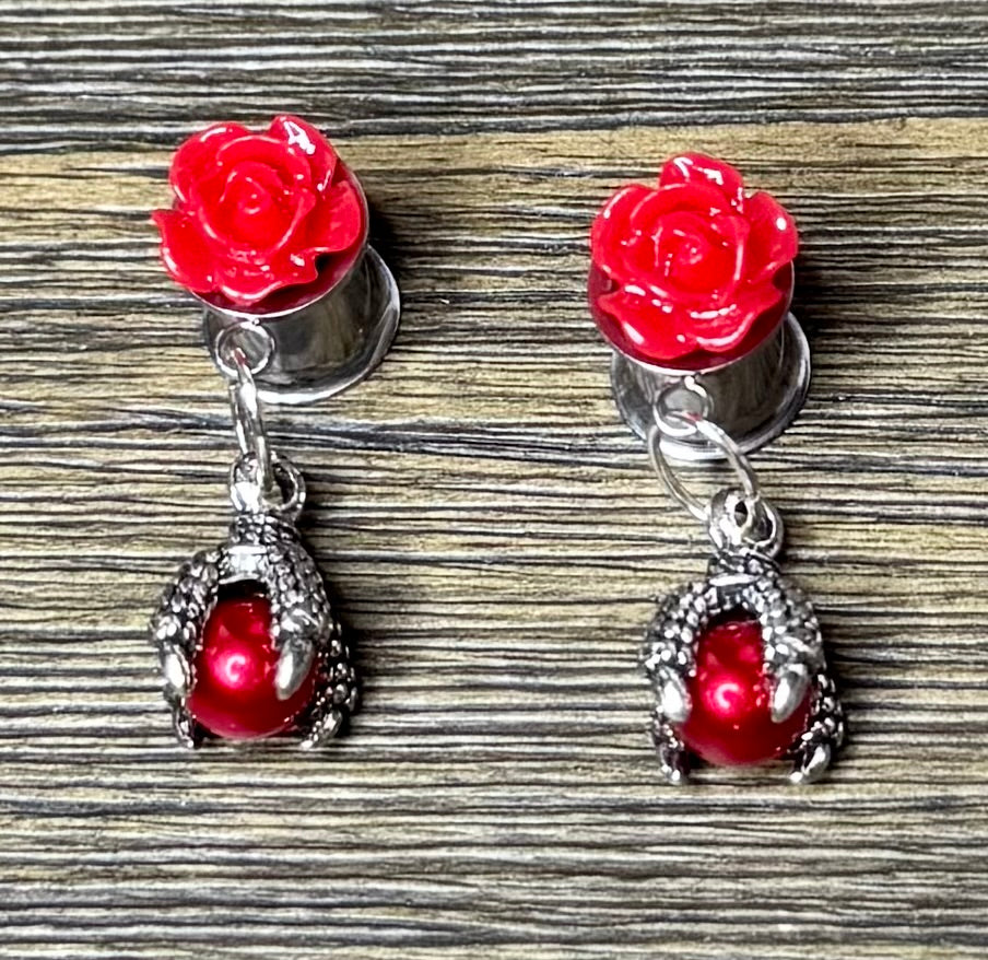 Dragon Foot Red Pearl Dangle Ear Tunnels