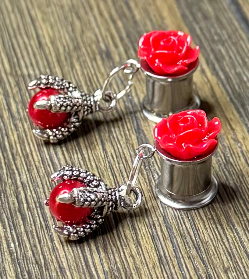 Dragon Foot Red Pearl Dangle Ear Tunnels