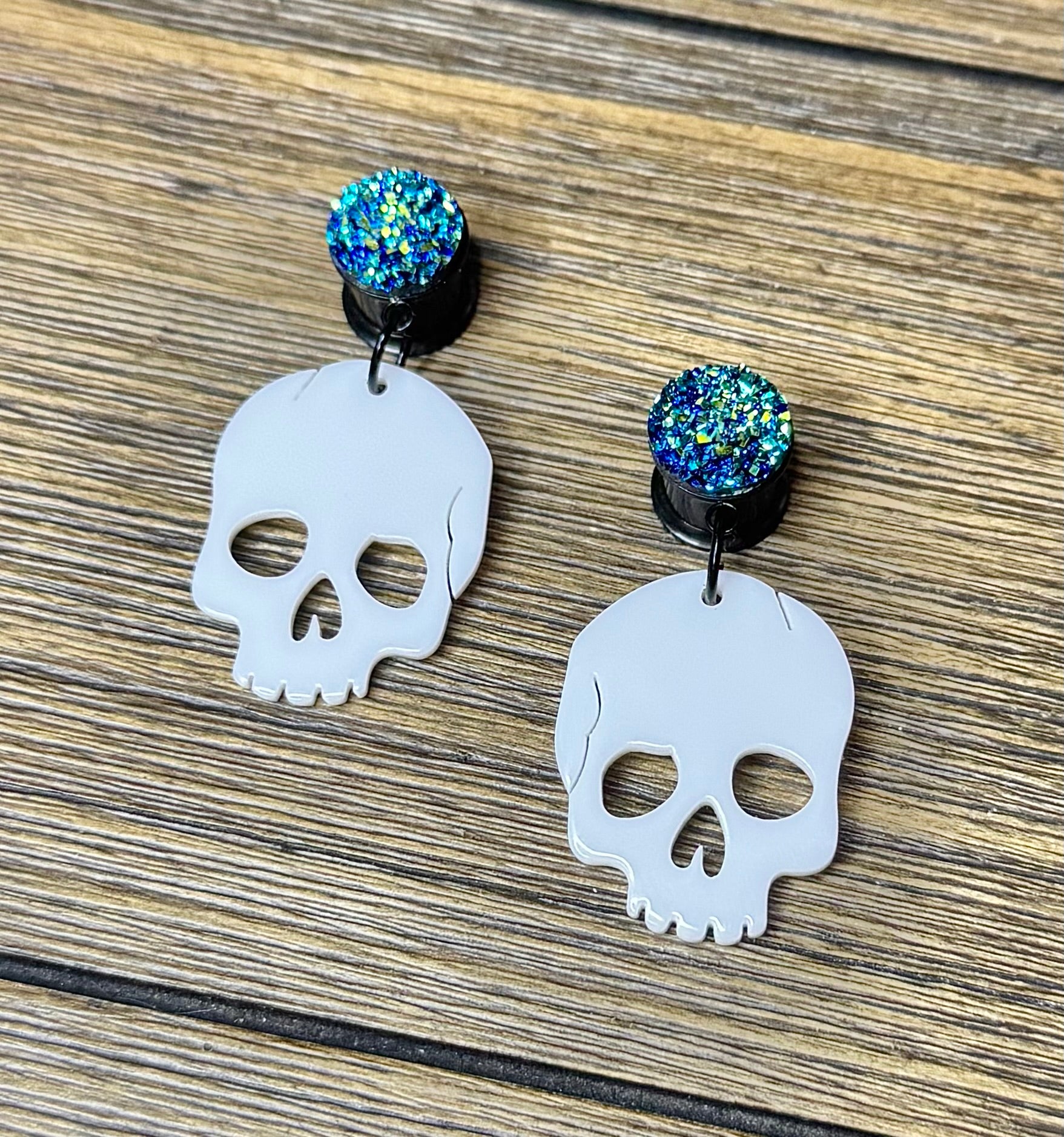 White Skull with Blue Druzy Dangle Ear Tunnels