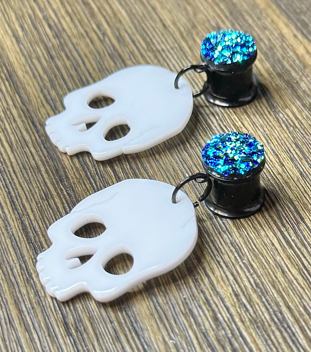 White Skull with Blue Druzy Dangle Ear Tunnels