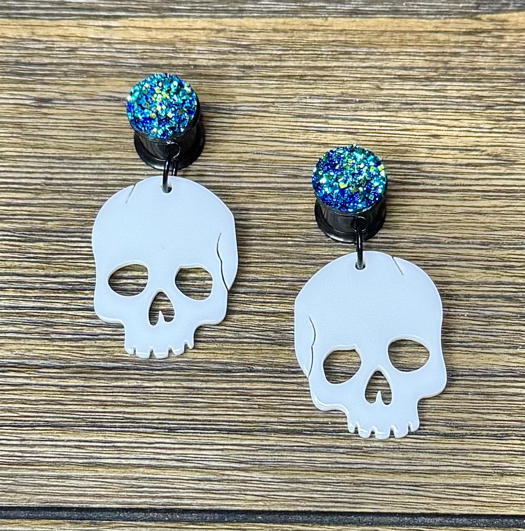 White Skull with Blue Druzy Dangle Ear Tunnels