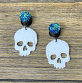 White Skull with Blue Druzy Dangle Ear Tunnels