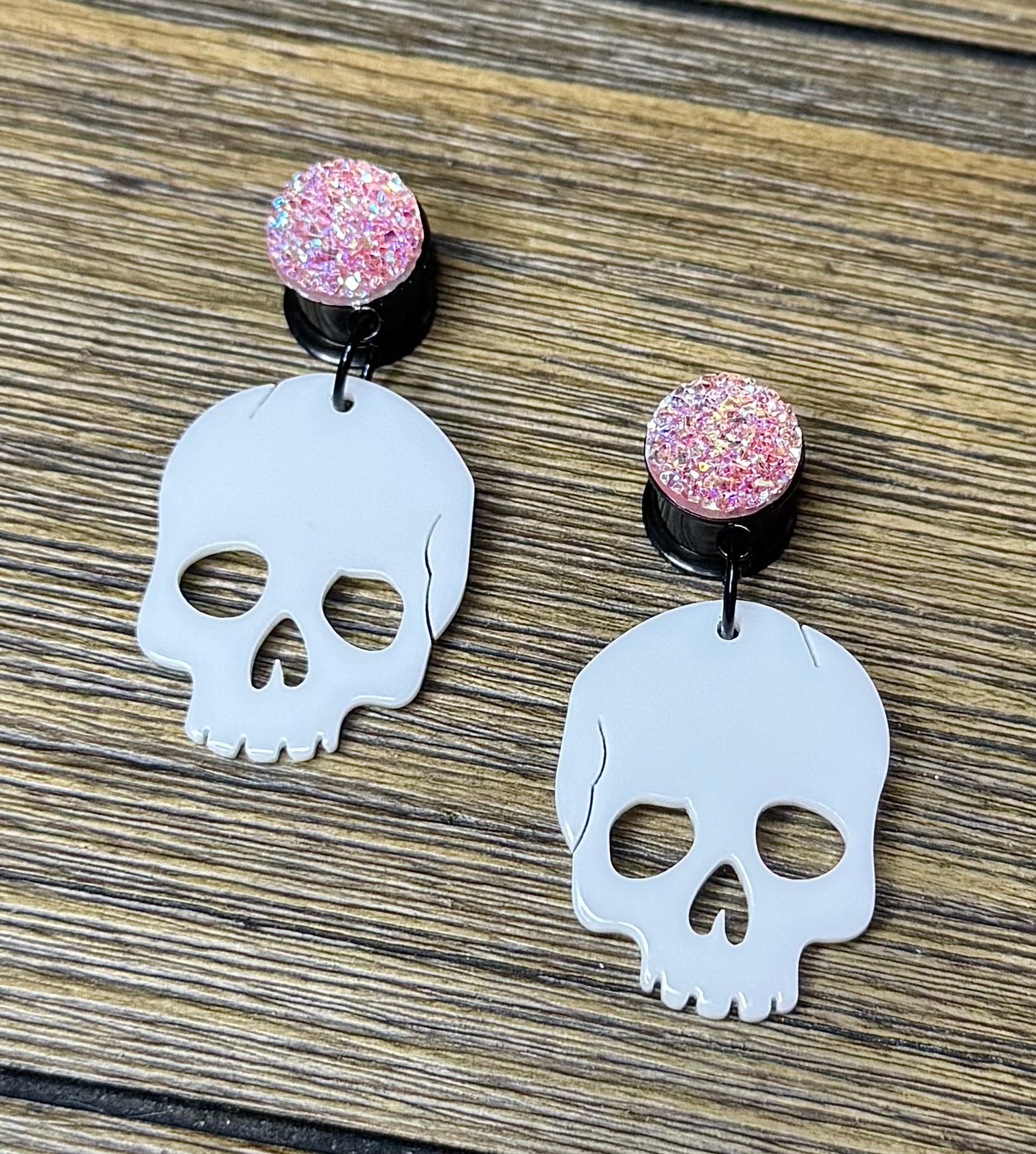 White Skull with Pink Druzy Dangle Ear Tunnels