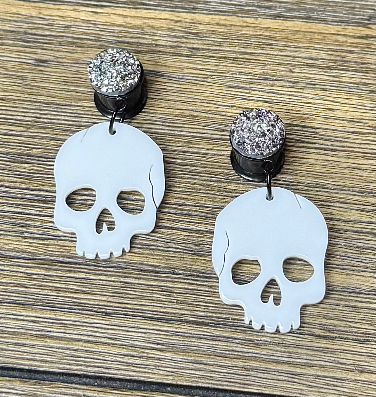 White Skull with Silver Druzy Dangle Ear Tunnels