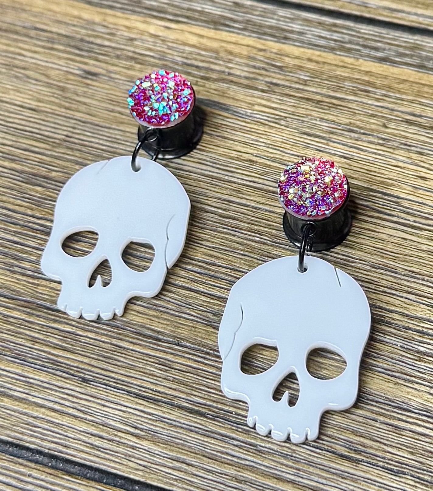 White Skull with Purple Druzy Dangle Ear Tunnels