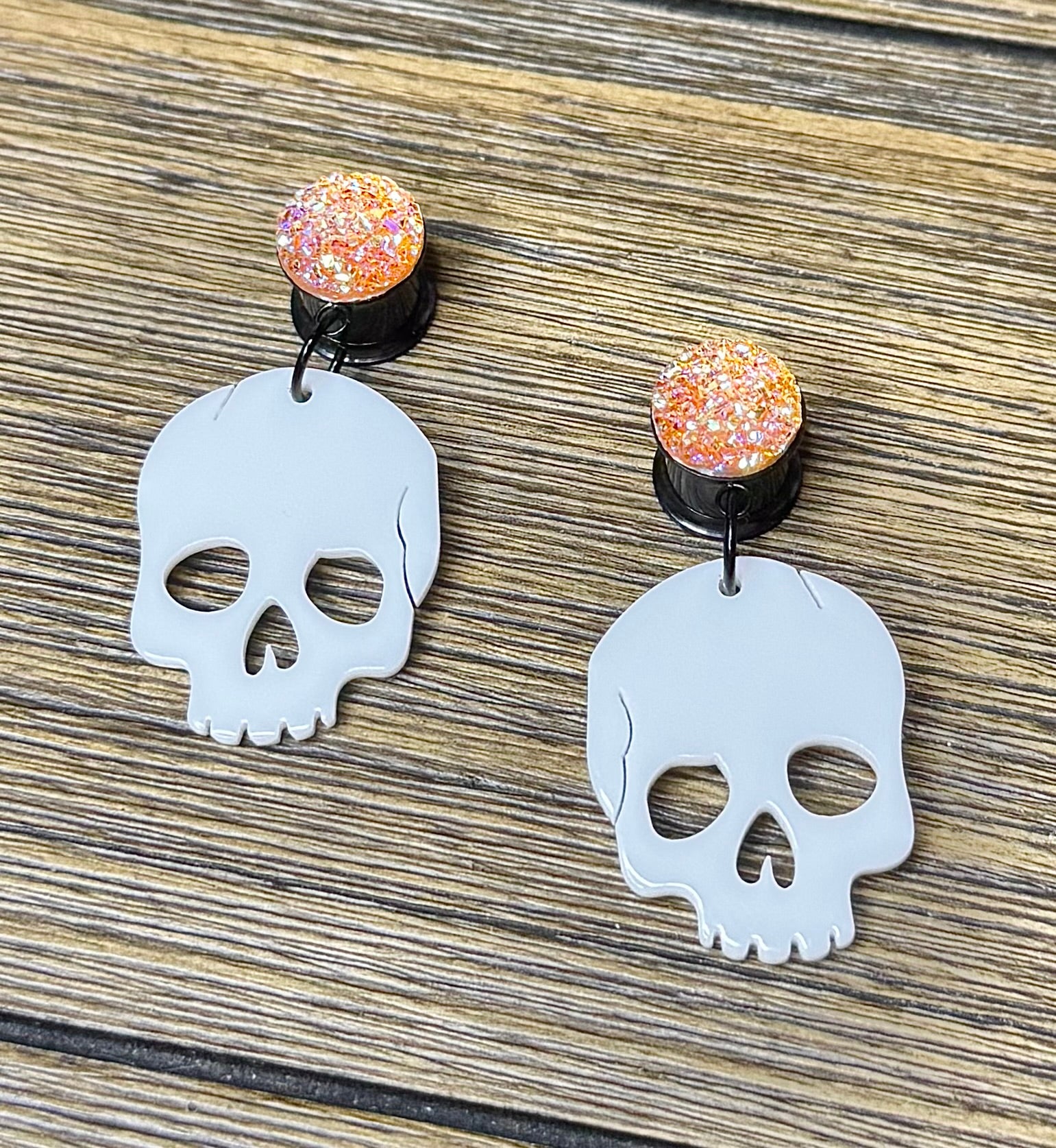 White Skull with Orange Druzy Dangle Ear Tunnels
