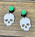 White Skull with Green Druzy Dangle Ear Tunnels