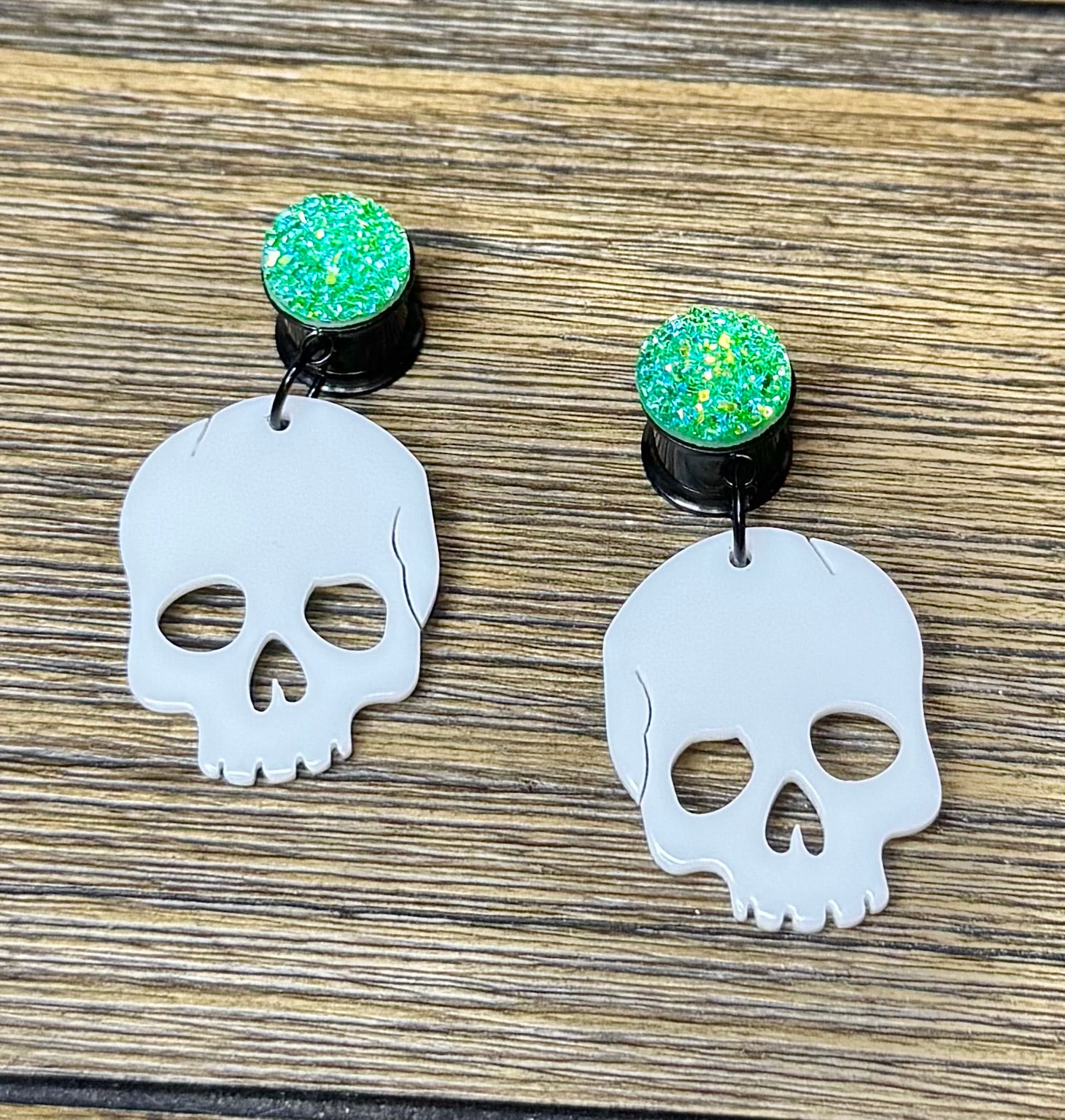 White Skull with Green Druzy Dangle Ear Tunnels