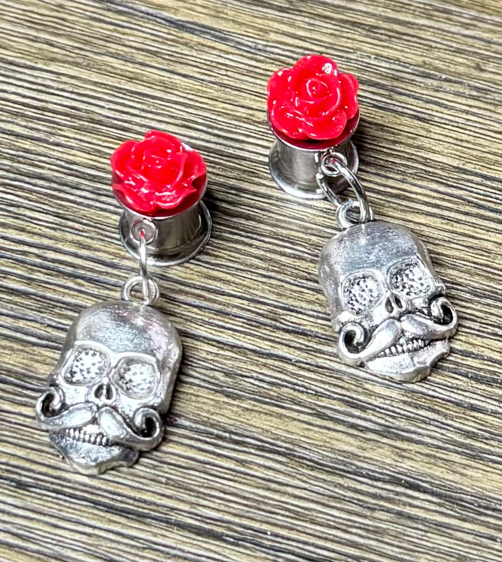 Mustache Skull with Red Roses Dangle Ear Tunnels