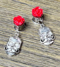 Mustache Skull with Red Roses Dangle Ear Tunnels