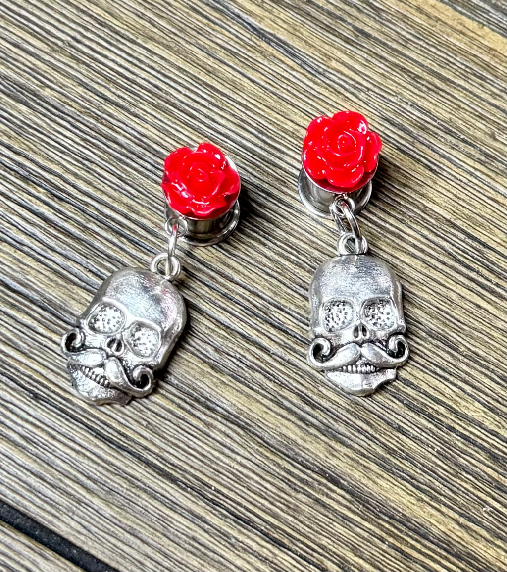 Mustache Skull with Red Roses Dangle Ear Tunnels