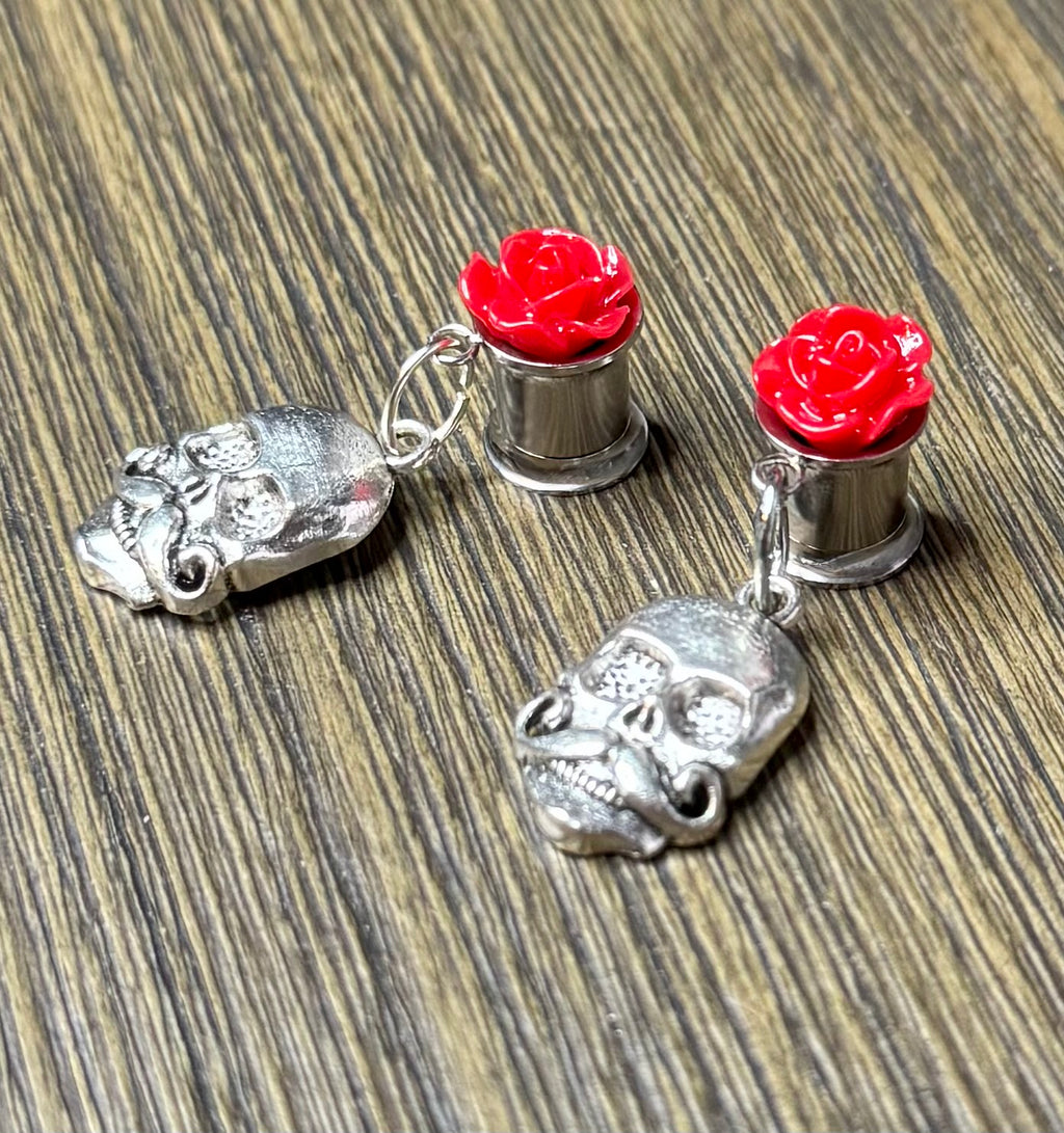 Mustache Skull with Red Roses Dangle Ear Tunnels
