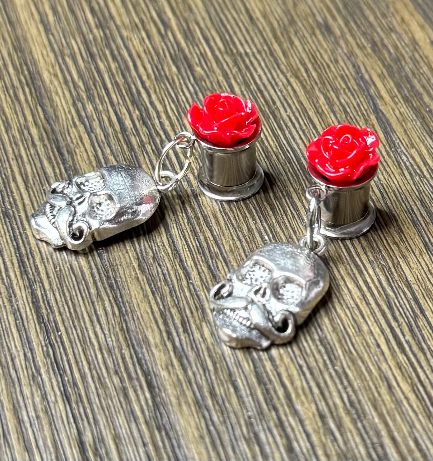 Mustache Skull with Red Roses Dangle Ear Tunnels