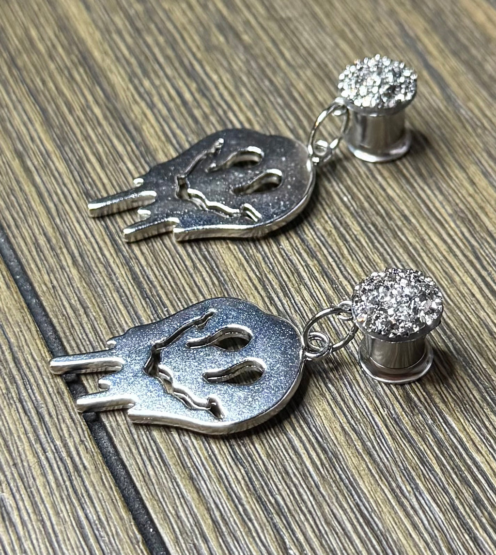 Melting Smiley with Silver Druzy Dangle Ear Tunnels